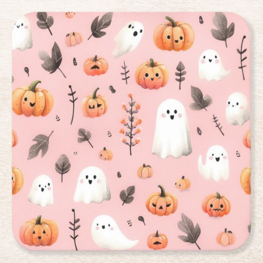 Ghost roze Helloween Wrapping Papier Bladen Kartonnen Onderzetters (Voorkant)