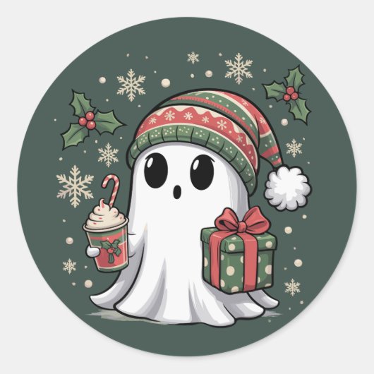 Ghost Santa Kerstvakantie Kerstmis Halloween Ghost Ronde Sticker (Voorkant)