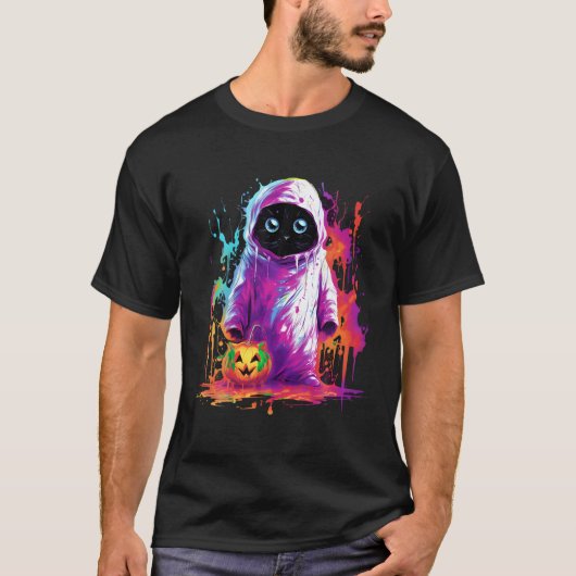 Ghost Scary Halloween Zwart Kat Pompoen T Shirt (Voorkant)