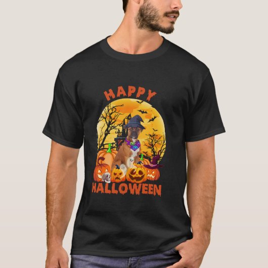 Ghost Scary Pumpkin Moon Witch Boxer Dog Happy Hal T-shirt (Voorkant)
