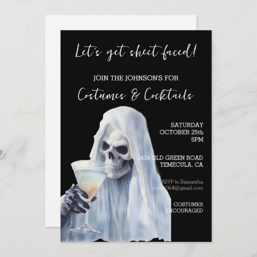 Ghost Sheet Gezicht Kostuums & Cocktails Halloween Kaart (Voorkant / Achterkant)