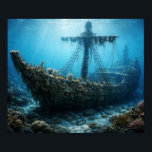 Ghost Ship in the Abyss Poster<br><div class="desc">This artwork portrays an ancient sunken ship resting on the ocean floor, covered in coral and algae reclaimed by time. The stillness of the underwater environment and the filtered light from above evoke a forgotten story filled with mystery, exploration, and memory, where nature and the past merge in eternal calm....</div>