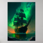 Ghost Ship Painting met Green Sky Sunset Glow Poster (Voorkant)