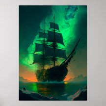 Ghost Ship Painting met Green Sky Sunset Glow