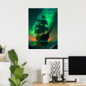 Ghost Ship Painting met Green Sky Sunset Glow Poster (Thuiskantoor)