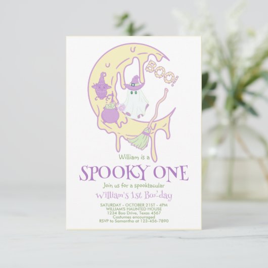 Ghost Spooky Een 1e Halloween Uitnodiging Verjaard (Staand voorkant)