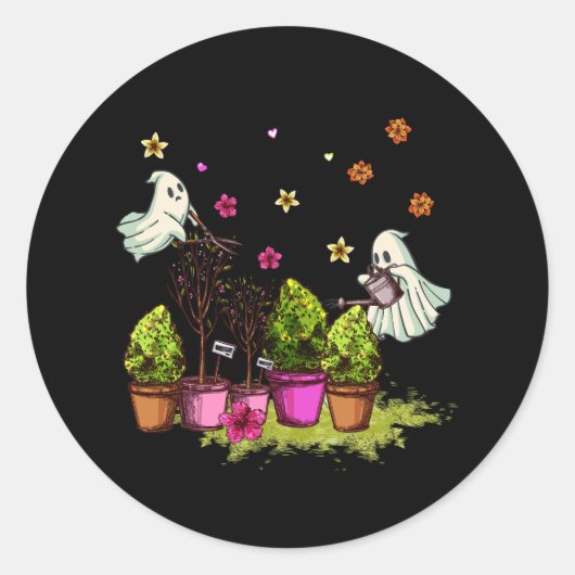 Ghost Spooky Tuinieren Plant Tuinier Halloween Ga Ronde Sticker (Voorkant)