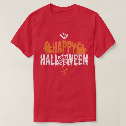 Ghost Tombstone Witch Broom Bats Spyder Web Happy T-shirt (Design voorkant)