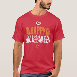 Ghost Tombstone Witch Broom Bats Spyder Web Happy T-shirt