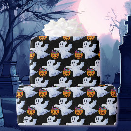 Ghost Trick or treat Halloween Sinaasappel Zwart Cadeaupapier