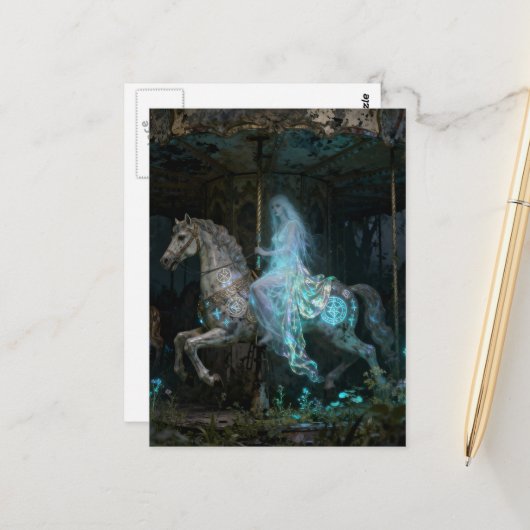 Ghost Woman on Abandoned Carousel Briefkaart (Voorkant / Achterkant in situ)