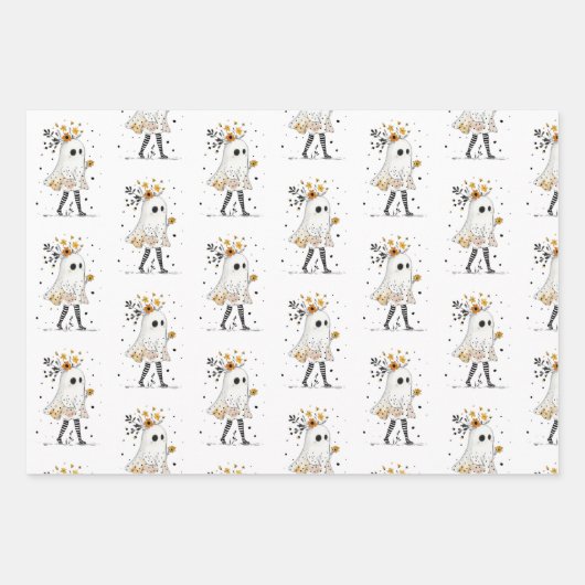 Ghost & Zonnebloemen met Stripe Pattern Halloween Inpakpapier Vel (Voorkant 3)