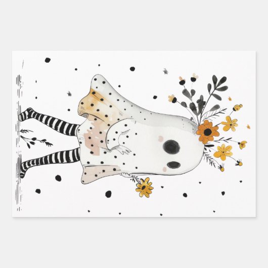 Ghost & Zonnebloemen met Stripe Pattern Halloween Inpakpapier Vel (Voorkant)
