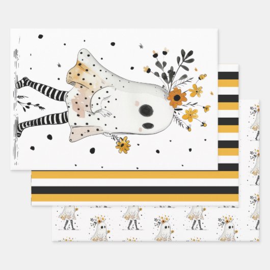 Ghost & Zonnebloemen met Stripe Pattern Halloween Inpakpapier Vel (Set)