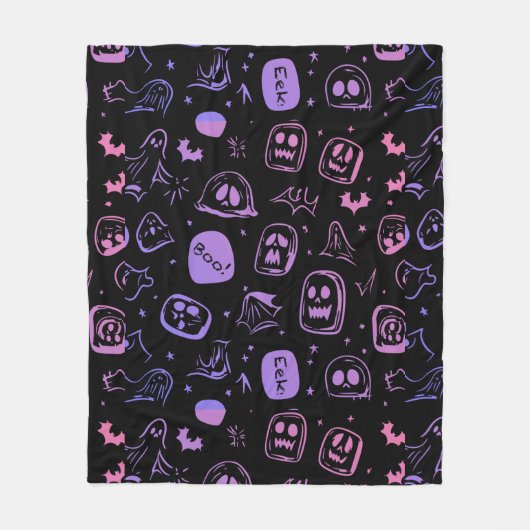 Ghostly Bats & Eerie Gezichten Halloween Zwart Fleece Deken (Voorkant)