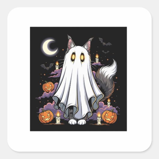 Ghostly Coon - Fluffy Maine Coon Halloween Vierkante Sticker (Voorkant)