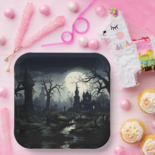 Ghostly Witches Manor Halloween Papieren Bordje (Feest)