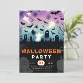 Ghosts Cemetery Bats Spiderwebs Creepy Halloween Kaart (Staand voorkant)