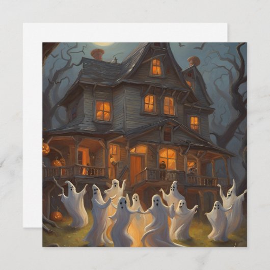 Ghosts Dance in Yard of Haunted House op Halloween Bedankkaart (Voorkant / Achterkant)