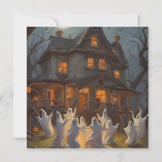 Ghosts Dance in Yard of Haunted House op Halloween Bedankkaart (Voorkant)