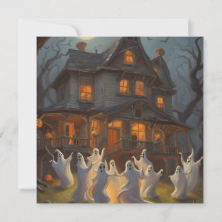Ghosts Dance in Yard of Haunted House op Halloween Bedankkaart