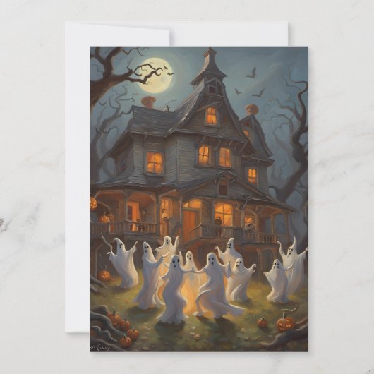 Ghosts Dance in Yard of Haunted House op Halloween Feestdagenkaart (Voorkant)