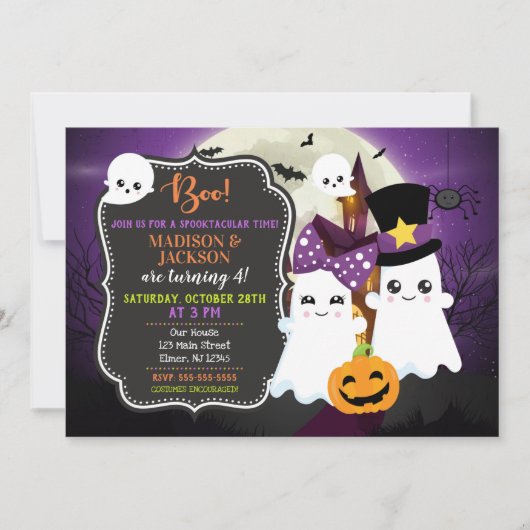 Ghosts Halloween Birthday Invitation for Twins Kaart (Voorkant)