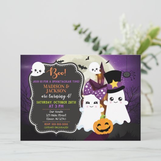 Ghosts Halloween Birthday Invitation for Twins Kaart (Staand voorkant)