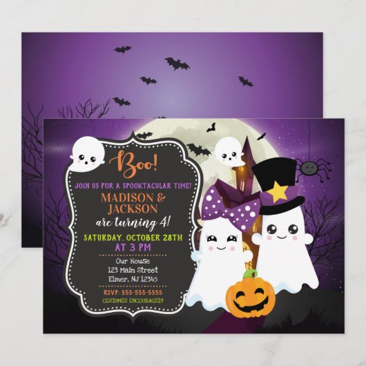 Ghosts Halloween Birthday Invitation for Twins Kaart (Voorkant / Achterkant)