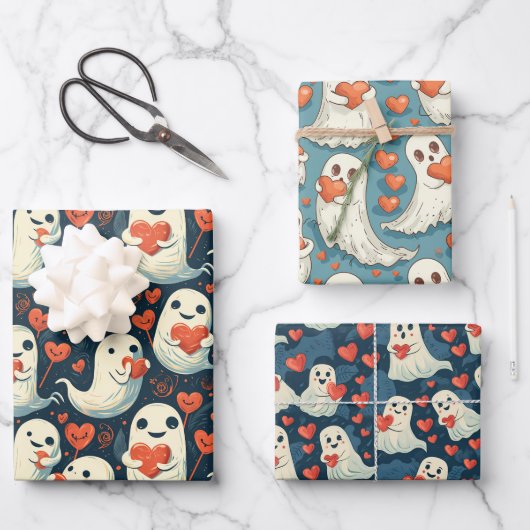 Ghosts Holding Hearts Valentijnsdag Inpakpapier Vel (Voorkant)