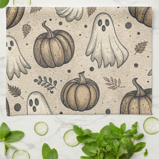  Ghosts & Pumpkins Halloween Pattern (2) Theedoek (Gevouwen)