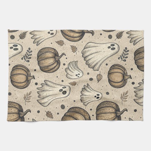  Ghosts & Pumpkins Halloween Pattern (2) Theedoek (Horizontaal)