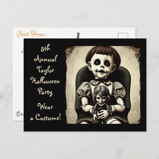 Ghoul Kind Met Enge Doll Halloween Feest Briefkaart (Voorkant / Achterkant)