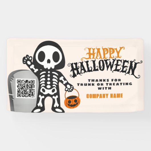 Ghoulish Skeleton Happy Halloween QR Business Spandoek (Horizontaal)