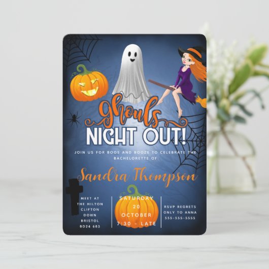 Ghouls avond uit halloween bachelorette kaart (Staand voorkant)