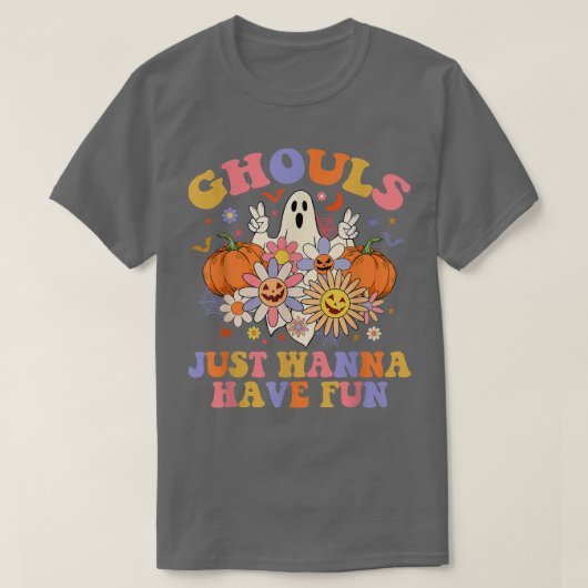 Ghouls have Fun Floral Ghost Boo Pumpkin Groovy Ha T-shirt (Design voorkant)