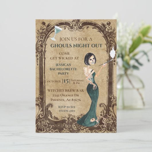 Ghouls Night out Bachelorette Halloween Skeleton Kaart (Staand voorkant)