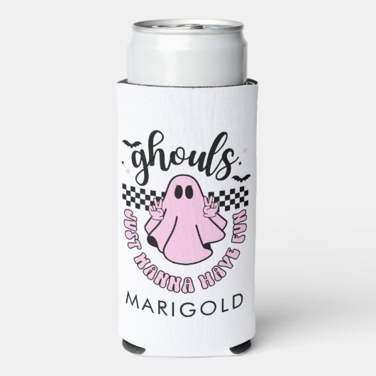 Ghouls willen gewoon plezier roze spook Halloween Seltzer Blikjeskoeler (Seltzer Achterkant)