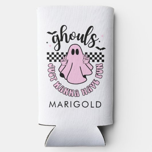 Ghouls willen gewoon plezier roze spook Halloween Seltzer Blikjeskoeler (Achterkant)