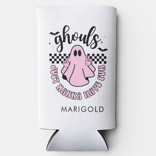Ghouls willen gewoon plezier roze spook Halloween Seltzer Blikjeskoeler (Voorkant)
