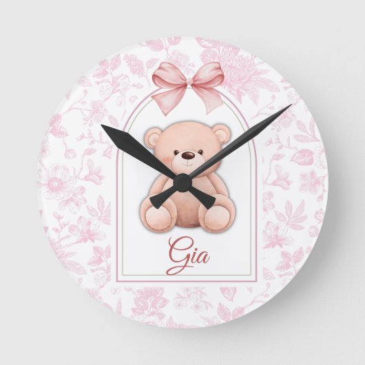 Gia | Aangepaste Roze Teddybeer Nursery Design Ronde Klok (Voorkant)