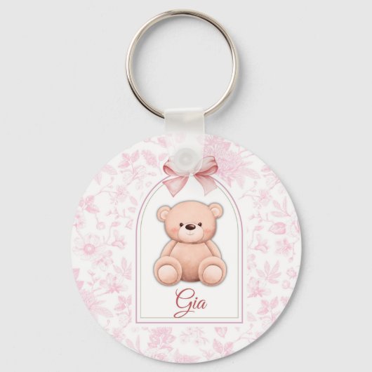 Gia | Aangepaste Roze Teddybeer Nursery Design Sleutelhanger (Voorkant)