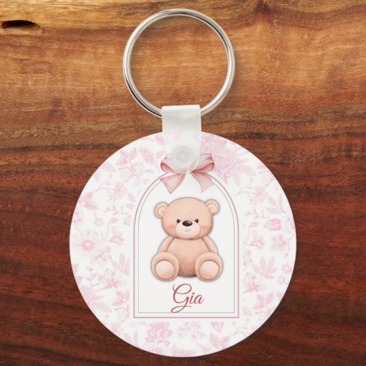 Gia | Aangepaste Roze Teddybeer Nursery Design Sleutelhanger (Voorkant)