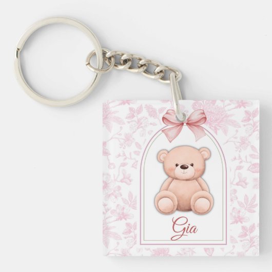 Gia | Aangepaste Roze Teddybeer Nursery Design Sleutelhanger (voorkant)