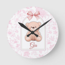 Gia | Aangepaste Roze Teddybeer Nursery Ontwerp Ronde Klok