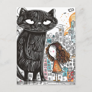 Giant Black Cat en het meisje in de stad Briefkaart