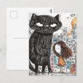 Giant Black Cat en het meisje in de stad Briefkaart (Voorkant / Achterkant)
