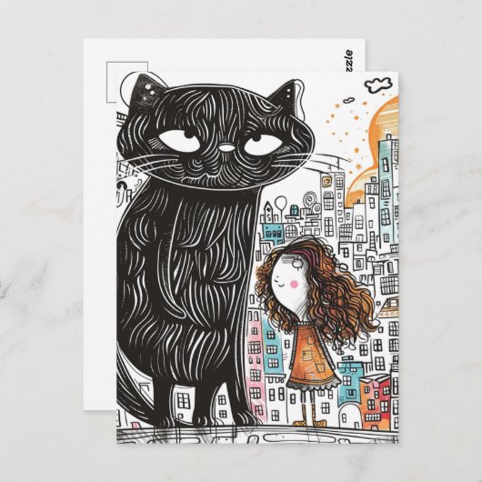 Giant Black Cat en het meisje in de stad Briefkaart (Voorkant / Achterkant)