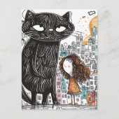 Giant Black Cat en het meisje in de stad Briefkaart (Voorkant)