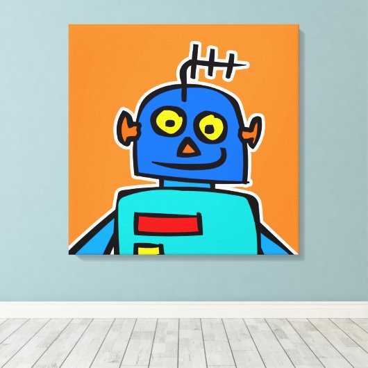 Giant Blue Cartoon Robot Canvas afdrukken (Insitu (Houten vloer))